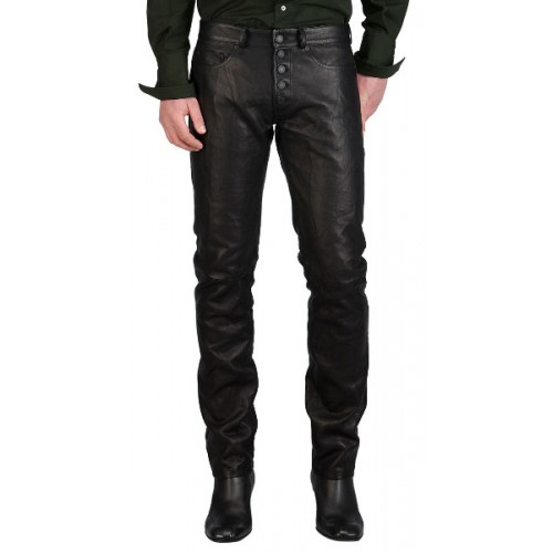 BUSINESS PATTERN BUTTON CLOSURE LEATHER PANTS GENUINE LEATHER SEXY PANTS